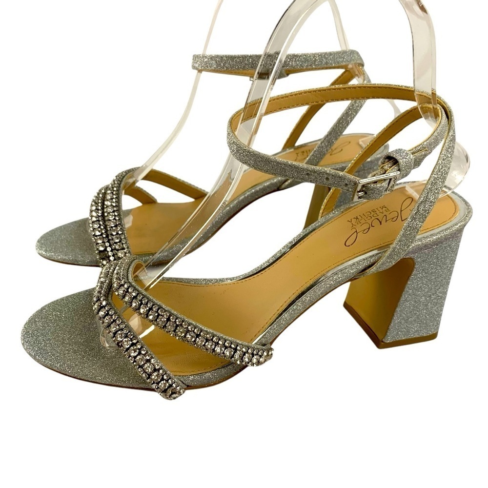 Badgley Mischka Jewel US 7.5 Silver Glitter Strappy Block Heel Rhinestone Shoes